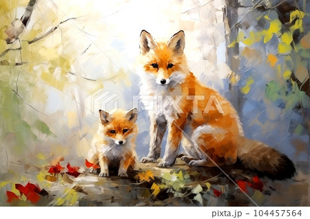 Beautiful painting of a family of foxs resting under the trees in the forest. Wildlife Animals. Illustration, Generative AI. 104457564
