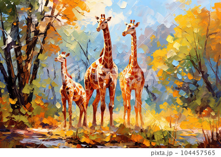 Beautiful painting of a family of giraffes resting under the trees in the forest. Wildlife Animals. Illustration, Generative AI. 104457565