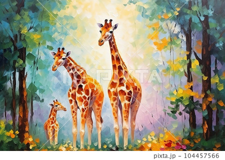 Beautiful painting of a family of giraffes resting under the trees in the forest. Wildlife Animals. Illustration, Generative AI. 104457566