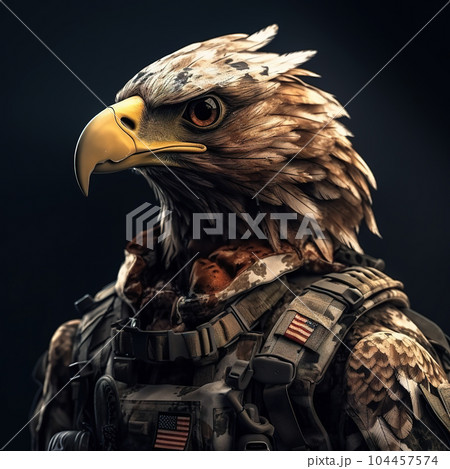 Portrait of a eagle dressed in a tactical military outfit on a clean background. Wildlife Animals. Illustration, Generative AI. 104457574