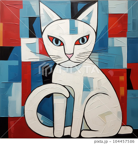 Abstract white cat painting in the style of pablo picasso. Pet. Animals art. Illustration, Generative AI. 104457586