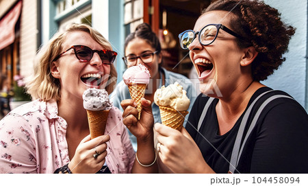 Young exuberant silly women with ice cream cones enjoying the day, made with generative ai 104458094