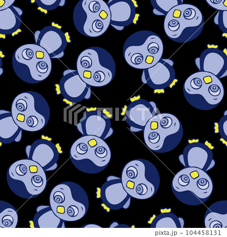Cute Flightless Birds Seamless Pattern. Hand Drawn Digital Paper with Blue Penguins Illustration. Wallpaper with Cute Penguin on Black Background. 104458131