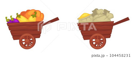 Wheelbarrows with eggplants and grain, harvesting 104458231