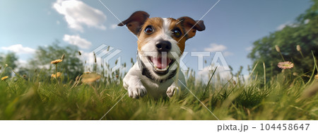 Portrait of happy Jack Russell Terrier dog jumping floating up in the air sunny day on flower field. AI gererated Portrait of happy Jack Russell Terrier dog jumping floating up in the air sunny day on flower field. AI gererated 104458647