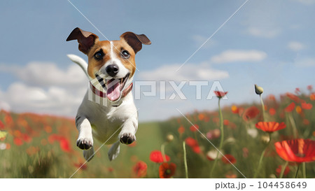 Portrait of happy Jack Russell Terrier dog jumping floating up in the air sunny day on flower field. AI gererated Portrait of happy Jack Russell Terrier dog jumping floating up in the air sunny day on flower field. AI gererated 104458649