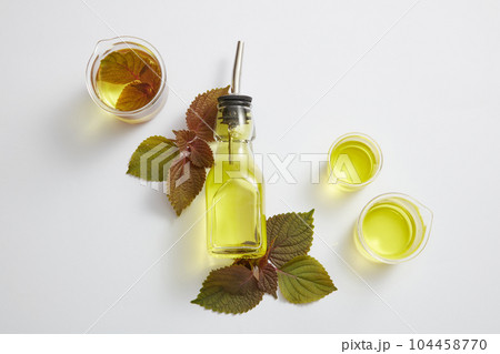 Cooking oil inside an empty label glass bottle with some beakers and beefsteak leaves. Cooking oil made from Beefsteak Plant (Perilla frutescens) often leaves a very special attractive flavor Cooking oil inside an empty label glass bottle with some beakers and beefsteak leaves. Cooking oil made from Beefsteak Plant (Perilla frutescens) often leaves a very special attractive flavor 104458770