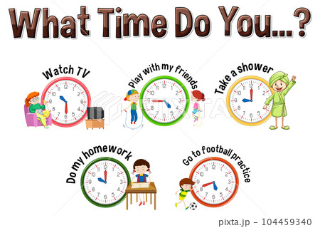 Daily routine with time and cartoon characters Daily routine with time and cartoon characters 104459340