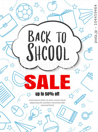 Back to school sale in doodle style background. Education hand drawn objects and symbols banner. 104459464