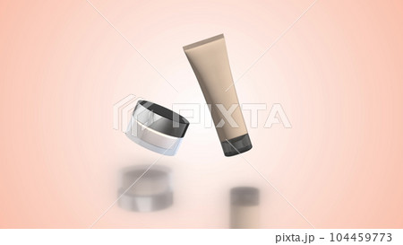 Cosmetic cream tube and jar of cream. Skin care product presentation. Woman cosmetics skincare. 3D animation. Cosmetic cream tube and jar of cream. Skin care product presentation. Woman cosmetics skincare. 3D animation. 104459773