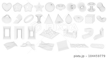 Set of wireframe 3D geometric shapes. Abstract figures, Distorted mesh grids. Mountains, Cone, distorted planes, arcs, black holes, globe. Graphic design elements isolated on white. Editable strokes. Set of wireframe 3D geometric shapes. Abstract figures, Distorted mesh grids. Mountains, Cone, distorted planes, arcs, black holes, globe. Graphic design elements isolated on white. Editable strokes. 104459779