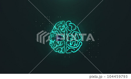 Human brain appearing on electronic circuit board. AI revolution with dataset and machine deep learning. 3D Render Animation. Artificial Intelligence. 104459793