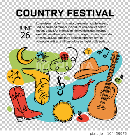 COUNTRY MUSIC FESTIVAL BANNER Square Poster Musical Concert With Guitar And Cowboy Attributes Inviting Text Abstract Colorful Background Hand Drawn Sketch 104459976