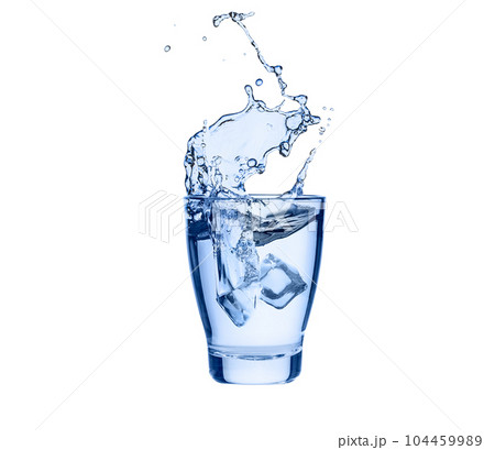 Ice cube splashes into glass of pure water Ice cube splashes into glass of pure water 104459989
