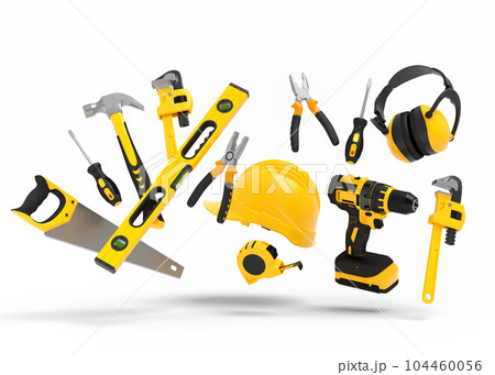 Flying view of yelllow construction tools for repair on white background 104460056