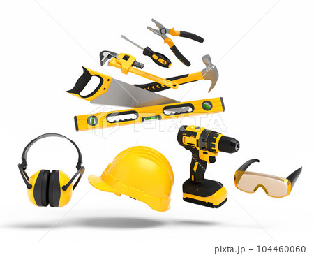 Flying view of yelllow construction tools for repair on white background Flying view of yelllow construction tools for repair on white background 104460060