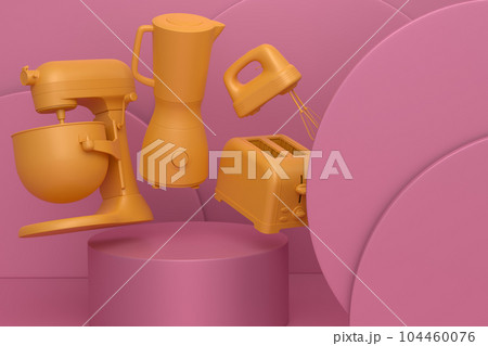 Abstract scene or podium with kitchen appliances and utensils on monochrome. Abstract scene or podium with kitchen appliances and utensils on monochrome. 104460076