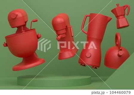 Abstract scene or podium with kitchen appliances and utensils on monochrome. 104460079