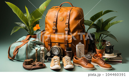 A traveler's suitcase and shoes full of essentials. A traveler's suitcase and shoes full of essentials. 104460391