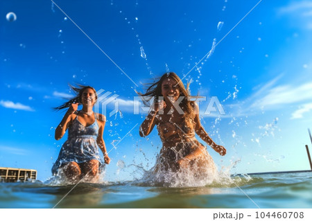 海ではしゃぐ女性4　AI生成画像 104460708