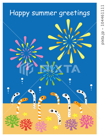 カラフルな打ち上げ花火と可愛いチンアナゴとニシキアナゴのイラスト 暑中お見舞いのテンプレート 104461111