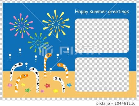 カラフルな打ち上げ花火と可愛いチンアナゴとニシキアナゴのイラスト 暑中お見舞いのテンプレート 104461116