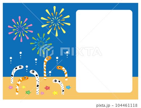 カラフルな打ち上げ花火と可愛いチンアナゴとニシキアナゴのイラスト 暑中お見舞いのテンプレート 104461118