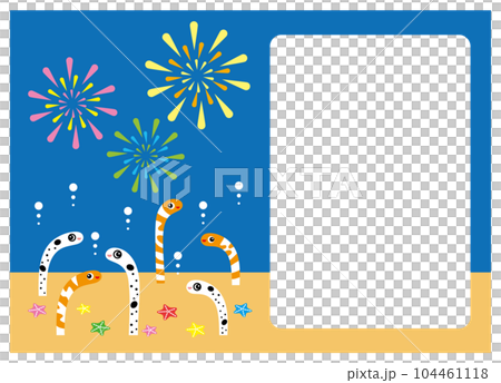 カラフルな打ち上げ花火と可愛いチンアナゴとニシキアナゴのイラスト 暑中お見舞いのテンプレート 104461118