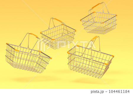 Set of flying metal wire basket from supermarket for online shopping on dark Set of flying metal wire basket from supermarket for online shopping on dark 104461184