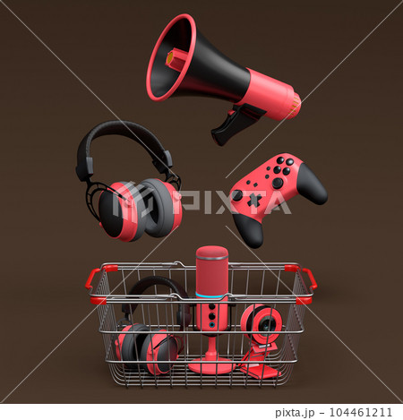 Gamer gears like mouse, keyboard, joystick, headset, VR, web camera in basket 104461211