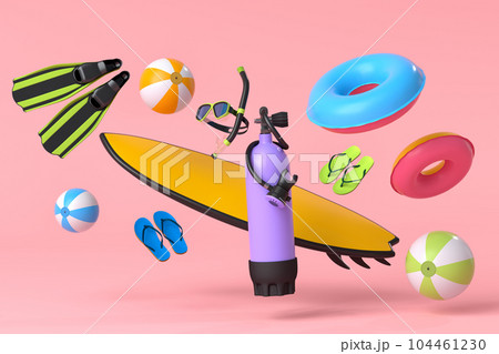 Colorful surfboard, beach ring, umbrellas and scuba mask on blue background. 104461230