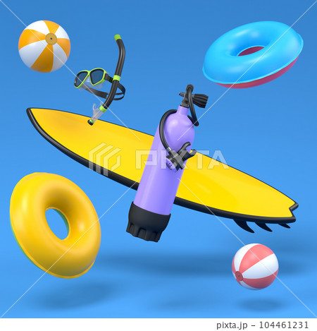 Colorful surfboard, beach ring, umbrellas and scuba mask on blue background. 104461231