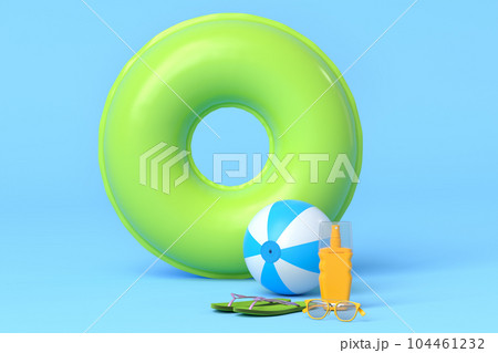 Set of beach accessories like flip flops, sunglasses and ball on blue and white 104461232