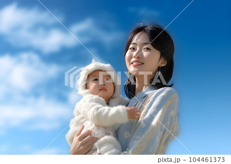 青空の下のママと赤ちゃん1　AI生成画像 104461373