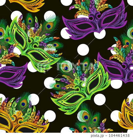 Pattern witn big polka dot ornament, colorful masquerade masks on black background. Simple, conspicuous, bright illustration. For prints, clothing, surface design. 104461438