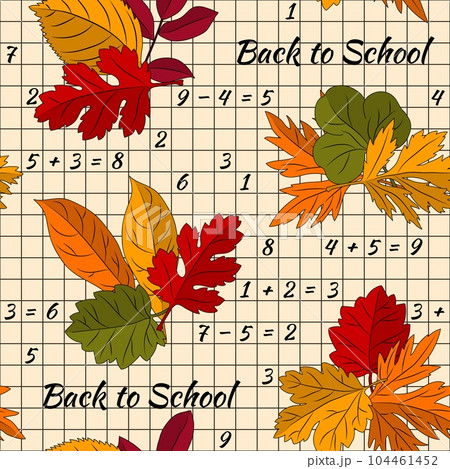 Seamless school pattern with autumn leaves on notebook grid with numbers 104461452