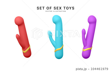 Set of 3d realistic double headed dildos vibrator isolated on white background. Sex toys for sex shop. Vector illustration 104461979