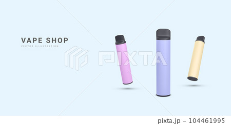 3d realistic promotion banner with disposable electronic cigarettes isolated on light background. Modern smoking, vaping and nicotine with different flavors. Vector illustration 104461995