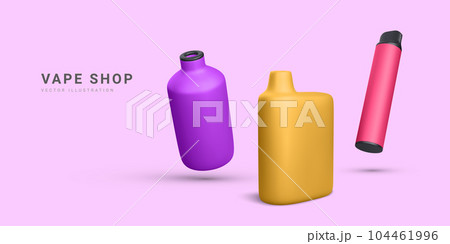 3d realistic promotion banner with disposable electronic cigarettes isolated on light background. Modern smoking, vaping and nicotine with different flavors. Vector illustration 104461996