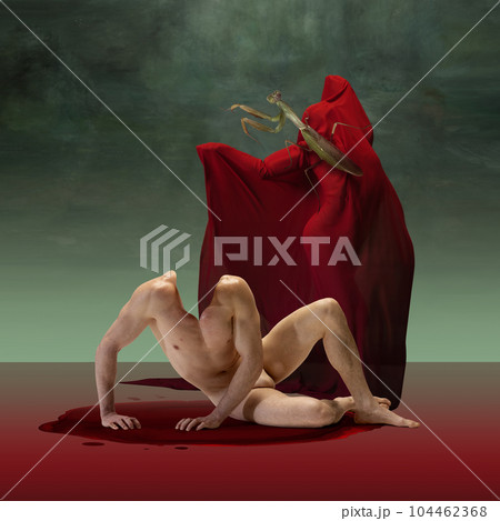 Renaissance style. Passion and love. Muscular man and attractive fela silhouette in red fabric. Masterpiece of human being. Contemporary art collage. Renaissance style. Passion and love. Muscular man and attractive fela silhouette in red fabric. Masterpiece of human being. Contemporary art collage. 104462368