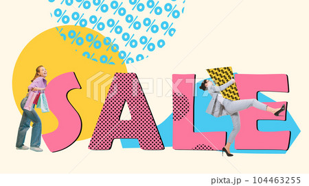 Young women running to mall to buy product at low price. Giant sales season. Reducing prices. Contemporary art collage. Young women running to mall to buy product at low price. Giant sales season. Reducing prices. Contemporary art collage. 104463255