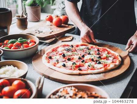Making pizza with mozzarella, tomatoes and basil on the table Making pizza with mozzarella, tomatoes and basil on the table 104463278