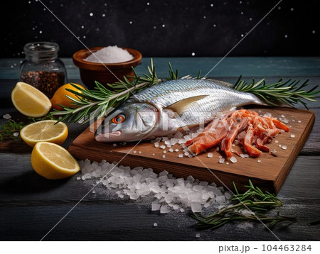 Fresh raw seabass fish with lemon, rosemary and spices on wooden cutting board 104463284