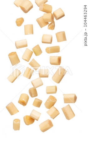 Sugar cane cut chop flying explosion, yellow chop sugarcane abstract cloud fly. Sugar sugarcane cut cubes splash stop in air, food object design. white background isolated high speed freeze motion Sugar cane cut chop flying explosion, yellow chop sugarcane abstract cloud fly. Sugar sugarcane cut cubes splash stop in air, food object design. white background isolated high speed freeze motion 104463294
