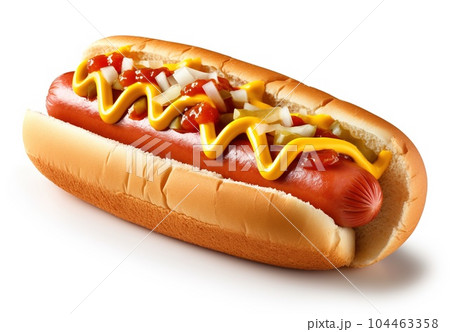 Hot dog with mustard and ketchup on a white background 104463358
