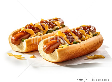 Hot dog with mustard and ketchup on a white background 104463364