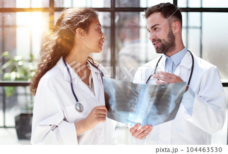 Two busy doctors working with papers and xray images 104463530