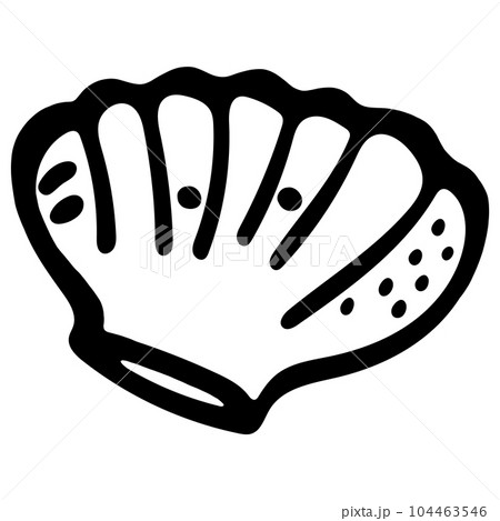 Hand Drawn Black and White Sea Shell on White Background. Seashell Isolated Icon for Kids Coloring Book. Sea Shell Coloring Page. Simple Flat Symbol of Sea Life. Wildlife Underwater Scallop Animal. 104463546