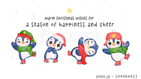 Joyful Penguin Dance. Cute Baby Penguins on Skate Shoes. Watercolor Banner" Joyful Penguin Dance. Cute Baby Penguins on Skate Shoes. Watercolor Banner" 104464421