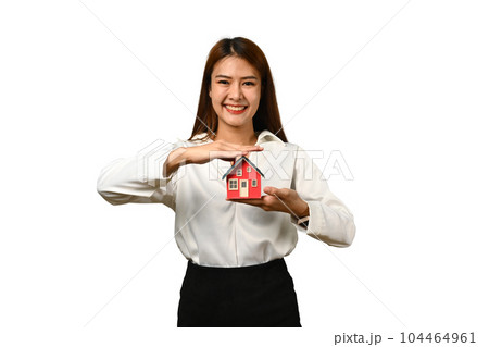 Smiling young woman hands protecting small house model isolated on white background. Home insurance concept 104464961